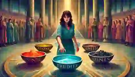  Beatrice stands in front of five bowls at the Choosing Ceremony, her hand hovering as she faces her life-defining choice.