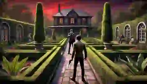 Yu Tsun shoots Dr. Albert in a European-style garden, with the sunset creating a tense atmosphere.