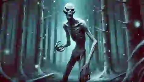 The emaciated Wendigo stands in a dark, snowy forest, its hollow eyes and skeletal appearance exuding despair.