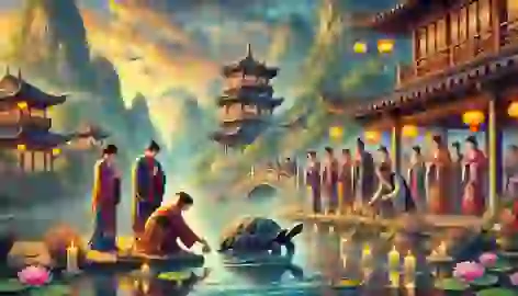 Villagers honoring the Black Tortoise with offerings by a riverside.