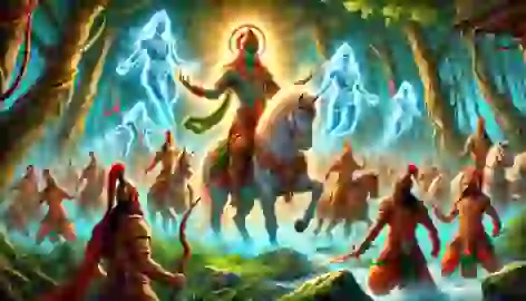  Kamadhenu summoning a celestial army to defend the Ashram against King Vishwamitra’s soldiers in a vivid battle scene.