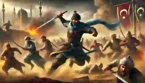 Bamsi Beyrek leading a charge against marauders, his sword raised high as he protects a village under attack.