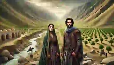 Shirin and Arash in a drying valley with barren orchards, preparing to confront the curse threatening their homeland.