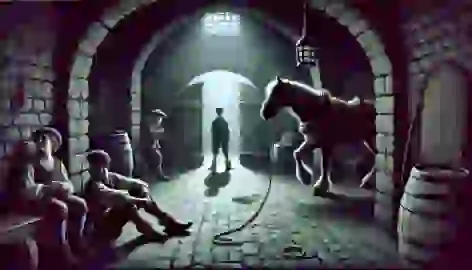 Boots, bound in ropes, sits in a dimly lit cellar, with his magical horse ready to break down the door