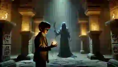 A young boy stands with a glowing stone, confronting a teacher with a dark figure looming behind him in a stone chamber.