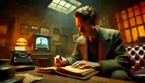 Winston Smith writing in an old, leather-bound diary in his small, dimly lit apartment with a telescreen broadcasting Party propaganda.