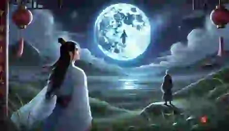 Hou Yi gazes at the full moon in the night sky, where he sees a faint image of Chang