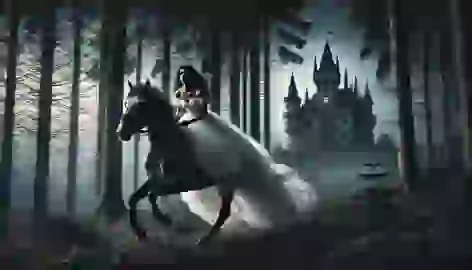 The young bride gallops on horseback through a dark forest at dawn, her white gown flowing behind her as she escapes