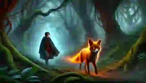 Niamh crosses a shadowy forest guided by a mystical fox with fiery eyes under an eerie, magical atmosphere.