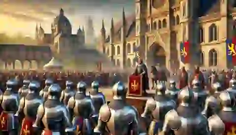 Knights assembling in the grand courtyard of Charlemagne