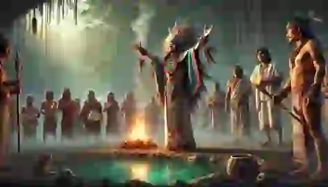 A Mayan shaman leads a ceremony near a cenote at dusk, with villagers gathered around as incense smoke rises.