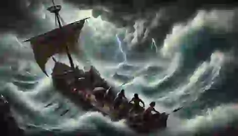 Odysseus and his crew battle a violent storm at sea as huge waves crash against their ship.