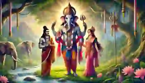 Ganesha, Parvati, and Shiva stand together in a peaceful garden, surrounded by divine light and harmony.