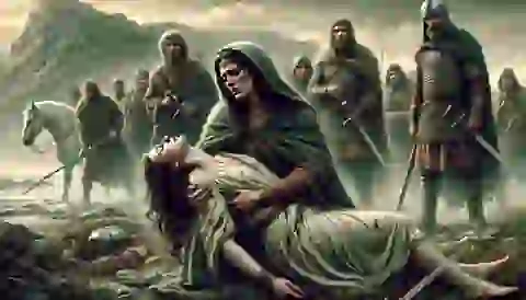 Gráinne holding the dying Diarmuid as Fionn and his men arrive.