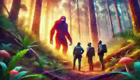 Mark and his team encountering the Yowie up close in a forest clearing during the day, maintaining a respectful distance.