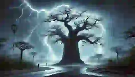 A fierce storm strikes the Baobab tree, with lightning and heavy rain, while people take shelter nearby.