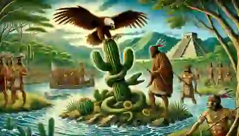 Mexica people witness the prophesied eagle devouring a serpent on a cactus, symbolizing the founding of Tenochtitlan.