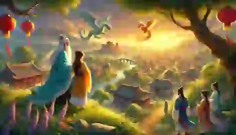 A peaceful scene of Princess Mei Ling and Emperor Liang overlooking the kingdom as the Dragon and Phoenix soar in harmony.