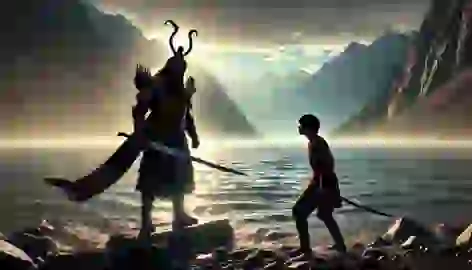 Batyr confronting Aiman and Kairat by Tiyayogol lake at dawn, with the rising sun and shimmering water backdrop.