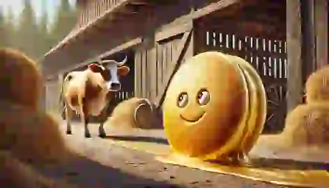  A golden pancake rolls past a curious cow standing inside a barn with sunlight streaming in.