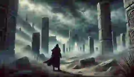 Malik enters the Valley of the Djinn, surrounded by ancient ruins and a stormy sky, with mystical carvings on stone pillars.