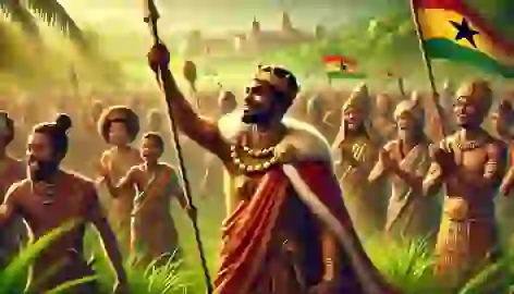 The victorious King Osei Tutu stands with his people, celebrating with joy and triumph in the fields.