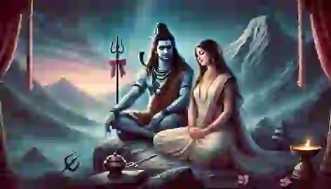 Shiva and Parvati seated together on Mount Kailash, gazing at the peaceful twilight sky after their wedding.