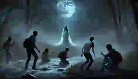 Teenagers stand frozen in fear as they encounter La Llorona emerging from the mist by the river.