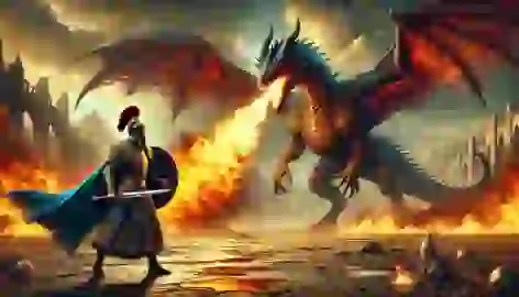 Esfandiyar confronting a colossal fire-breathing dragon in a desolate wasteland, holding his shield.