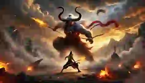 Sun Wukong and Niu Mowang clash in a fierce final battle near the Fire Cloud Cave, surrounded by fire and dust.