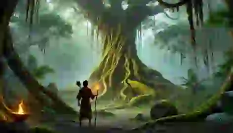 João stands before a massive ancient tree in the jungle as the Curupira explains its importance and secrets.