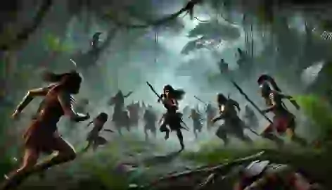 Yara leads the Amazon warriors in an ambush against invaders, with dense jungle surrounding the battlefield.