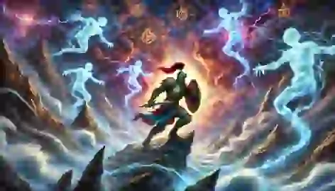 Rustam navigating a magical storm during the Trial of the Tempest with his glowing shield and phantom figures around him.