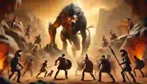 Greek heroes confront a towering, monstrous lion in a rocky landscape, preparing for battle.