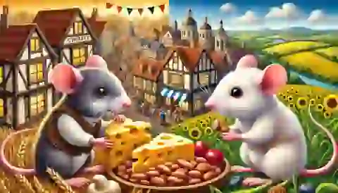 A town mouse and a country mouse sharing a meal of cheese and beans with contrasting backgrounds.