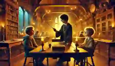 A group of students in a magical classroom practicing spells with a teacher guiding them under candlelit chandeliers.