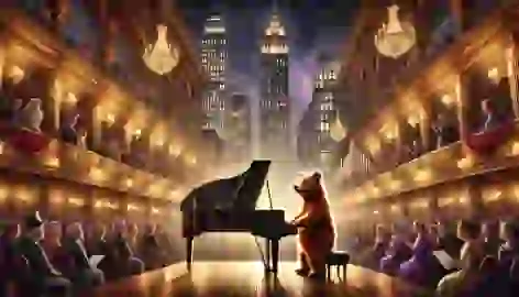 Bear performs on a grand piano on stage in a packed concert hall.