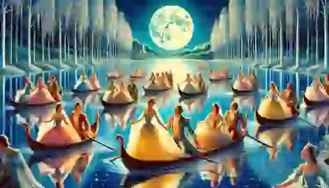 Princesses and princes crossing a shimmering lake on boats under moonlight, surrounded by enchanting silver trees.