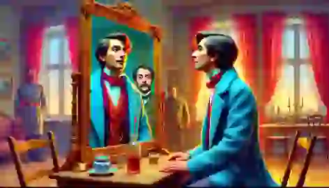 Kovalyov stares in disbelief at his reflection in the mirror, realizing his nose has returned to his face.