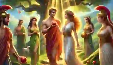 Paris of Troy holds the golden apple, choosing Aphrodite as the fairest, with Athena and Hera nearby