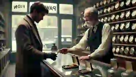 Jim hands his gold watch to a pawnbroker in a dimly lit shop, making a difficult sacrifice for a gift.