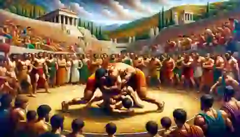 Milo of Croton wrestling with an opponent at the first Olympic Games.