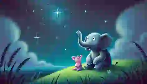 Gerald and Piggie gaze at the starry sky; Gerald is in awe, while Piggie looks pleased with his reaction.