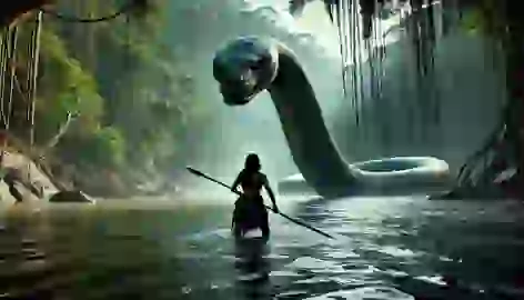 Yara faces the massive serpent emerging from the water during her trial by the sacred river