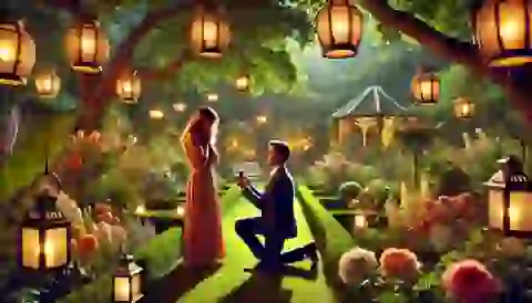 A romantic garden proposal under lantern lights.