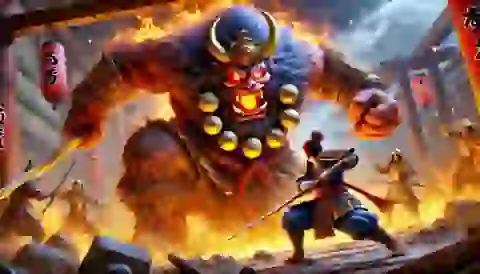 Momotaro duels the fearsome ogre king in an intense and powerful battle within the fortress.