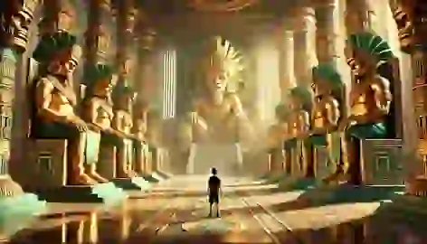 A grand hall with jade and gold thrones, where Mayan gods sit in judgment as a boy stands before them in reverence.