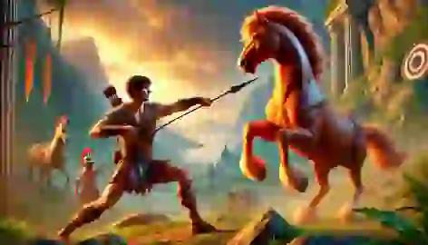 Achilles training with Chiron, the centaur, in the mountains of Greece, with a spear in hand and determination on his face.