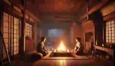 Haruka and Yuta sit by the fire, their expressions tense, as they discuss the unsettling behavior of the Zashiki-warashi.