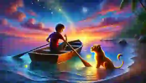 Leo paddling back to shore at dawn, with a glowing firefly circling him.